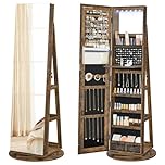 SONGMICS 6 LEDs Mirror Jewellery Cabinet, 360?Swivel Jewellery Storage Organiser, Lockable, Free-Standing Frameless Full-Length Mirror with Storage, Rustic Brown Surface, Black Lining JJC007X01