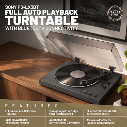 Image of Sony PS-LX3BT Fully Automatic Two-Speed Belt Drive Turntable - DC Servo Motor, 33-1 /3 & 45 RPM, Bluetooth & RCA Output, Aluminum Platter & Tonearm with Waith Premium Vinyl Record Cleaner Kit - Bundle