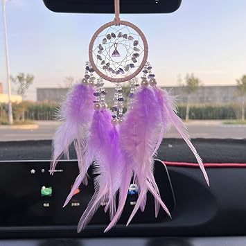 Mini Lotus Dream Catcher for Car Rearview Mirror, Handmade Boho Car Hanging Charm, Black Feather & Crystal Car Mirror Decor, Auto Interior Ornament for WomenPurple