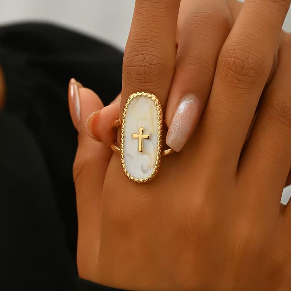 Gold Oval Cross Ring for Women, White Enamel Statement Ring Adjustable Open Band Vintage Minimalist Religious Faith Jewelry Chunky Elegant Everyday Festival Accessories