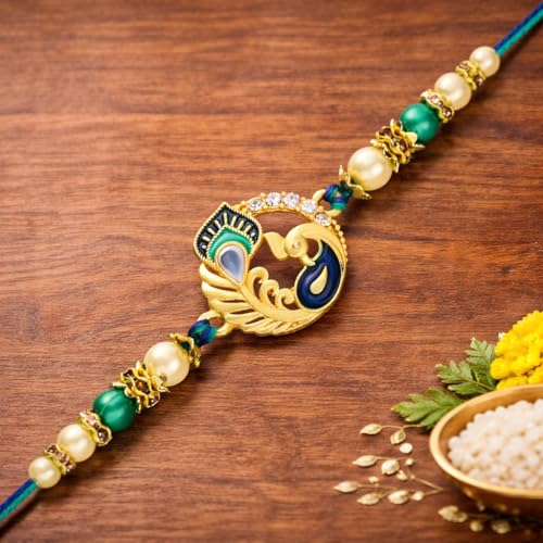 Image of Riddhika Ventures Glorious Gold Plated Auspicious Diamond Ring Rakhi with Roli Chawal and Greeting Card