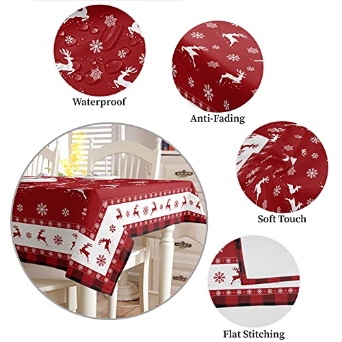 Meet 1998 Merry Christmas Deer Reindeer Snowflake Tablecloth, Waterproof Spillproof Rectangular Table Cloth, Washable Wipeable Tablecover For Kitchen Dining Room Party Banquet (Red Check, 60X60 Inch) #TOP4