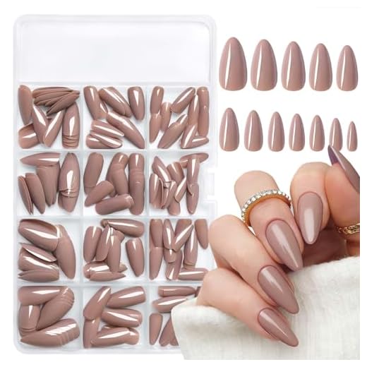 LoveOurHome 240pc Short Almond Press on Nails Colored Brown Fake Nail Tips Full Cover Artificial Fingernail French Stiletto Manicure with Adhesive Tabs for Women Girls Kids