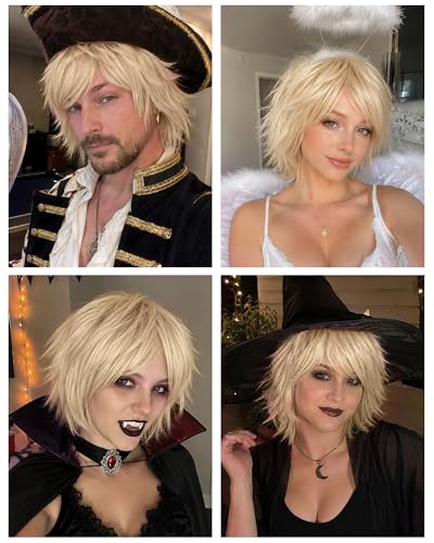 Image of Rose bud Anime Halloween Platinum Blonde Wig for Cosplay Party Synthetic Layered Short Hair Wigs with Bangs Pastel Funny Wigs for Women Men