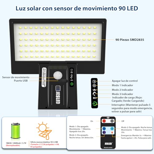 Miniatura 6 de JESLED 4 Pack - 90 LED Luz Solar Exterior, Focos Solares con Sensor de Movimiento, IP65 Impermeable, 4 Modos Inteligentes para Jardín, Patio, Camino, Escalera