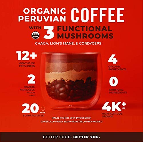 Laird Superfood Peruvian Dark Roast Coffee With Functional Mushrooms, Certified Organic Peruvian Ground Coffee Beans, Gluten-Free, Dairy-Free, Non-Gmo, Paleo, Keto Friendly, 12 Oz. Bag #TOP2