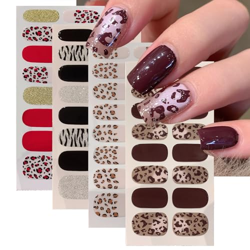 Leopard Print Nail Stickers 3D Self-Adhesive Glitter French Leopard Pattern Gel Strips Winter Nail Stickers for Women Girls DIY Nail Art Decoration Set of 4