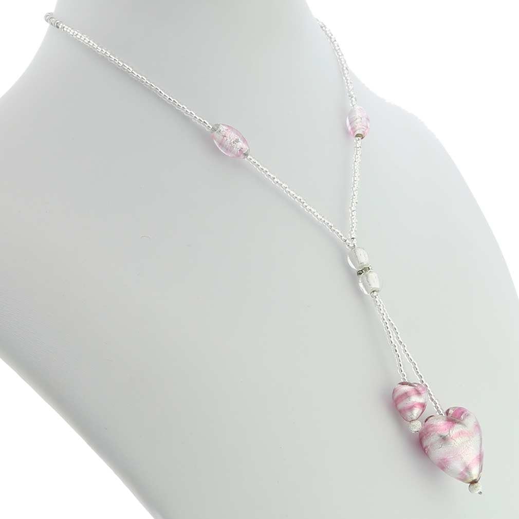 Glass Of Venice Murano Glass Heart Tie Necklace - Striped Silver Pink