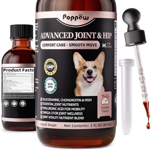 POPPAW Joint Supplement for Dogs - Hip and Joint Supplement Drops with Hyaluronic Acid, Liquid Glucosamine for Dogs with Chondroitin, MSM & Omega 3 - Chicken Flavor, 2 FL.Oz - for All Breeds & Sizes