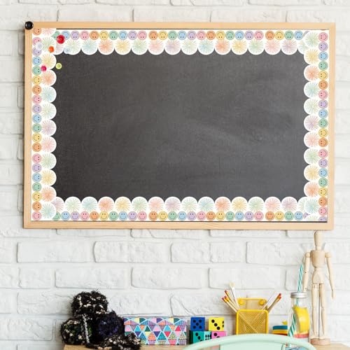 Image of Whaline 32.8 Ft Preppy Pastel Smile Face Bulletin Board Borders Colorful Firework Poms Scalloped Die-Cut Rolled Border Trim for Back to School Classroom Office Chalkboard Decoration