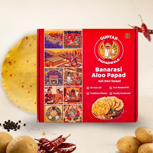 Image of GuptajiPapadwale Banarasi Aloo Papad homemade with Pure Mustard Oil & Zero Preservatives I Classic Red Chilli I 100% Natural sun dried potato papad I Crafted by women of Banaras - 400g