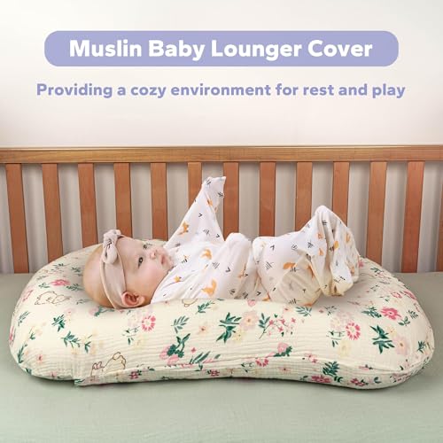 Image of FUNUPUP Muslin Baby Lounger Cover Only, Bunny Flower | 100% Muslin Cotton Soft Breathable Easy On /Off Envelope Closure Machine Washable Easy-Clean Protector Neutral Colors
