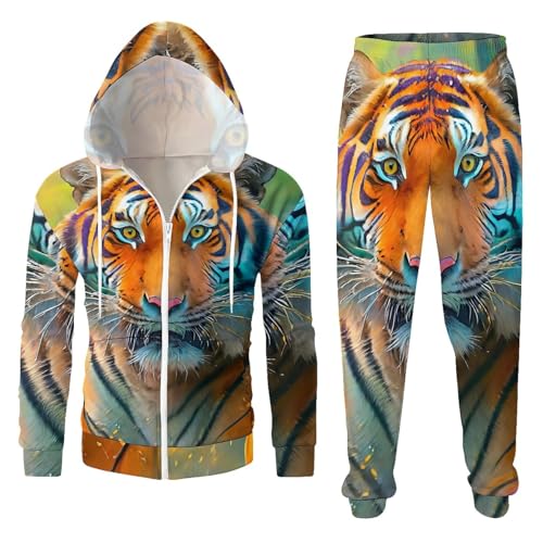 Conjunto deportivo de 2 piezas con estampado de tigre león y león en 3D para hombre, conjunto deportivo de chándal con capucha y pantalón deportivo, A-02, 4XL
