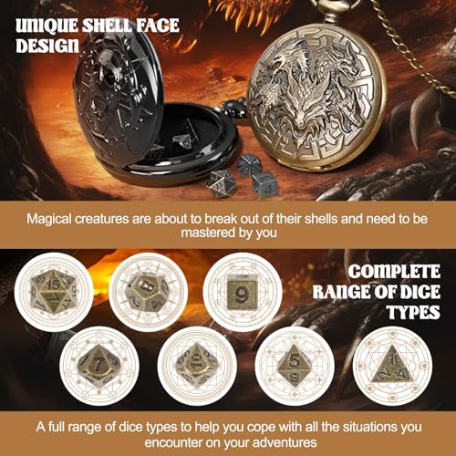 Banloga D&D Dice Set,7PCS Metal Dice for Dungeons and Dragons,Mini Dice Set with Pocket Watch Case,Role Playing Board Games Accessories (Dragon, Bronze)