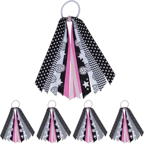 YKW 5 Pack Volleyball Hair Ties Ribbon Ponytail Holder for Girls - Sports Team Accessories with Net Pattern Scrunchies Streamers Hair Bows Gift Set for Players Fans Mom (Volleyball)