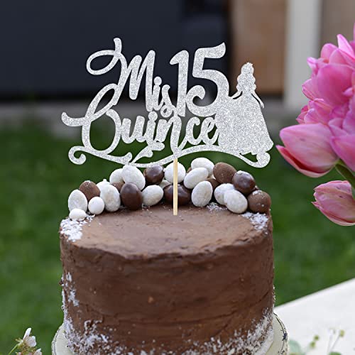 First Holy Communion Mis Quince 15 Cake Topper, Happy 15Th Birthday, 15 Year Old Birthday Decorations Silver Glitter #TOP2