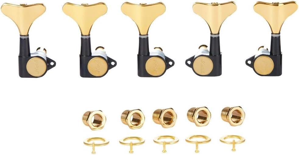 KAISH 5 String 3R2L 18:1 Sealed Bass Tuners Bass Guitar Tuning Keys Tuning Machine Heads for Ibanez/Yamaha Style Acoustic/Electric Bass Black with Gold