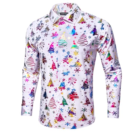 Barry.Wang Mens Christmas Shirts Xmas Holiday Party Button Down Dress Shirts Long Sleeve Snowflake Tree Shirt Halloween4