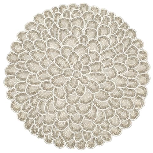 ALPHA Living HOME Handmade Beaded Placemats - 13 Inch Round Dining Table Mats - Elegant Glass Beads with Cotton Backing - Decorative Tableware for Weddings, Holidays, and Home Décor - Silver