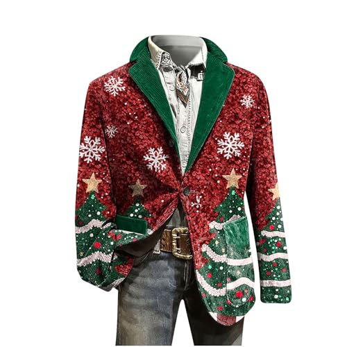 Weihnachtsmantel Herren Cord Retro Weihnachten Herrenjacke Button Down Weihnachtsmann Mantel Slim Fit Weihnachtsblazer Weihnachtsmotiv Weihnachtsjacken mit Taschen Wintermode Langarm Freizeitjacke