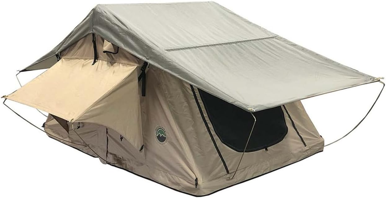 Overland Vehicle Systems TMBK 3 Person Roof Top Tent with Rain Fly Tan Body & Green Rainfly - Black Aluminum Base with Black Ladder - Universal Fitment
