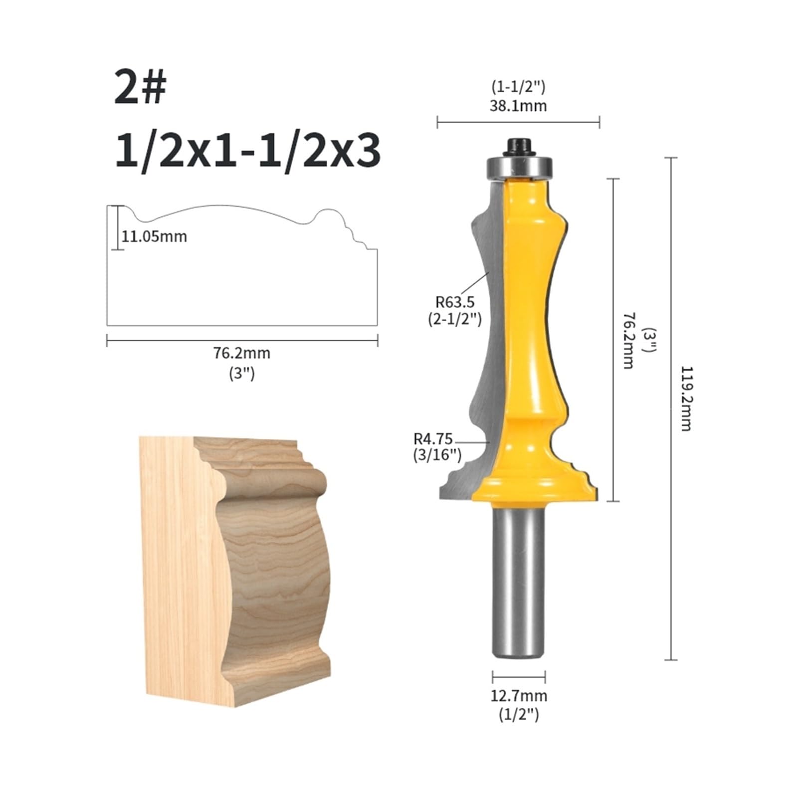 Fresa de carpintería con mango de 12MM y 12,7 MM for fresado de cara de madera, 1 unidad(12.7x38.1x76.2)
