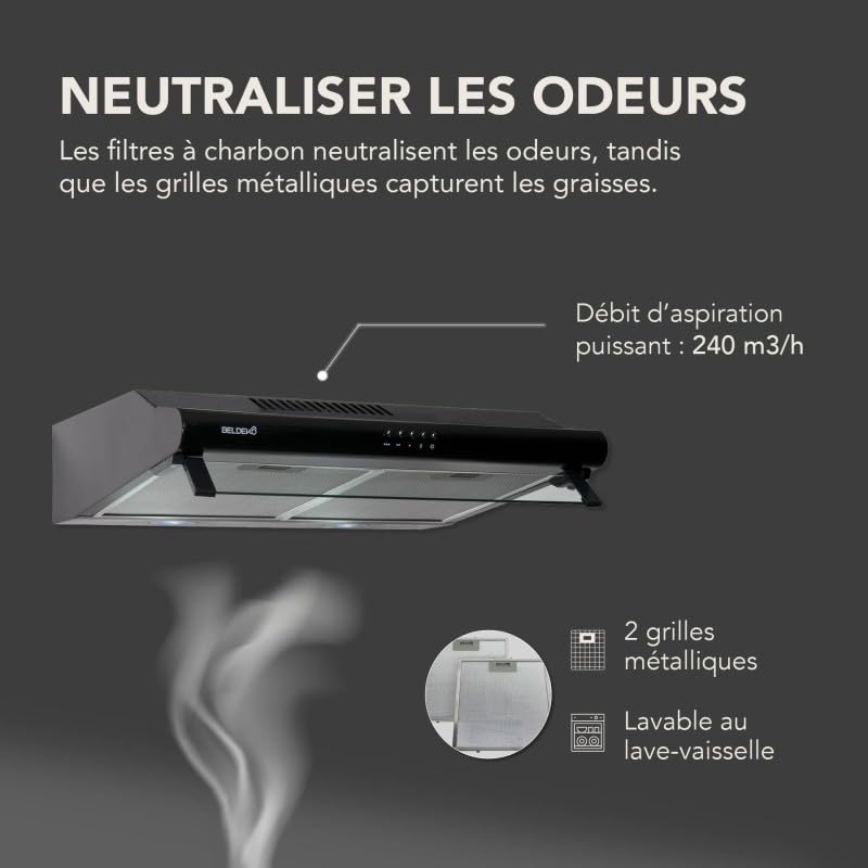 BELDEKO Hotte Casquette 60 cm Noir 240 m3/h + 2 Filtres - Marque Française