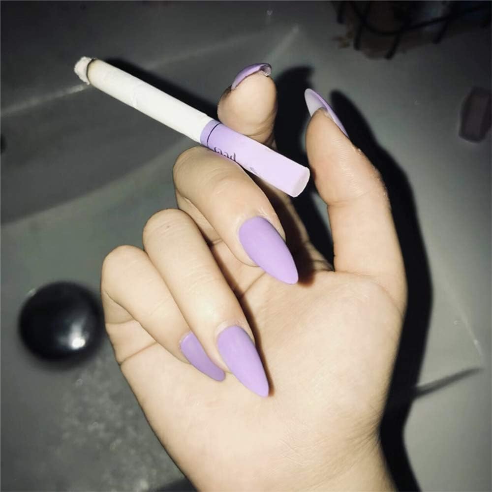 Aimimier 24Pcs Stiletto Sharp Matte False Nails Medium Pure Color Full Cover Press on Nails with Glue Sticker Boho Fake Nails Art Tips Set for Women and Girls (Light purple)