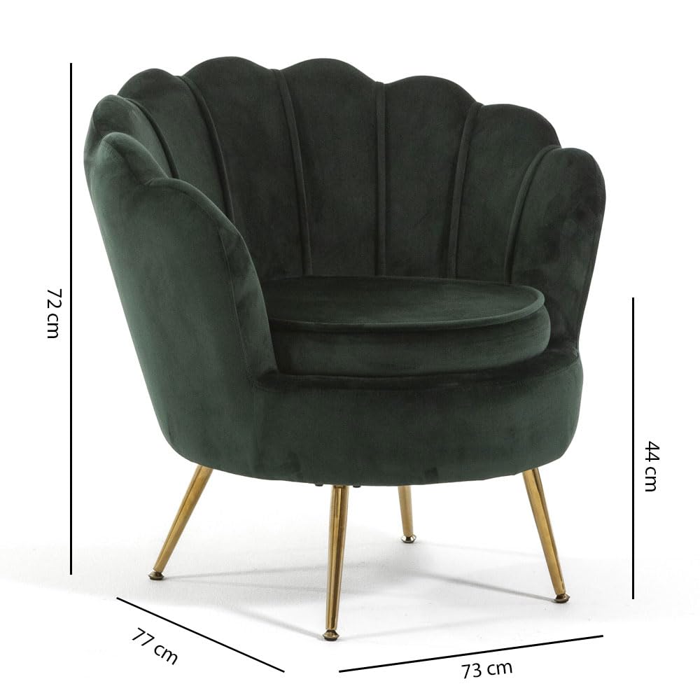 Poltrona Imbottita con schienale a conchiglia in velluto con gambe cromate dorate, poltrona da salotto e camera da letto design vintage e retrò Perla (Gambe Oro, Velluto Verde Scuro)