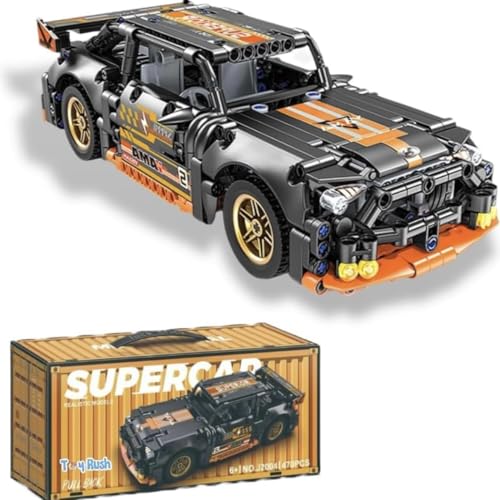 Image of 1:18 Scale Racing Pull-Back Supercar Building Blocks Set | Car Model Kit with Gold Sport Rims | DIY Construction Toy,Compatible with Major Bricks,Ideal Gift for Kids (1:18 Orange Mustang [520pcs])