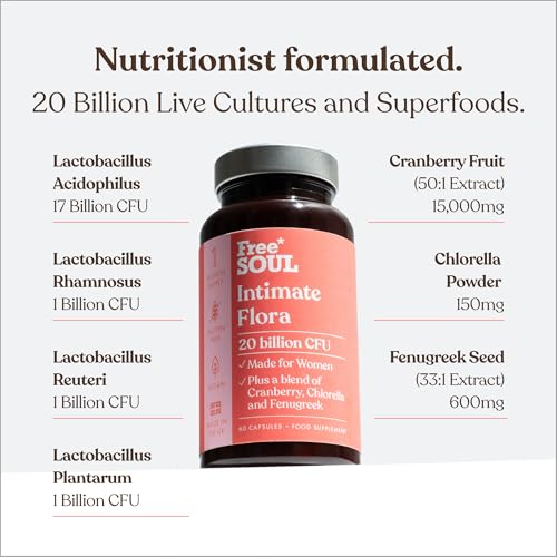 Intimate Flora for Women | 20 Billion CFU Fortified with 15,000mg Cranberry, Fenugreek & Chlorella | Bio Cultures for Women's Intimate Flora | 60 Capsules | Free Soul - Image 4