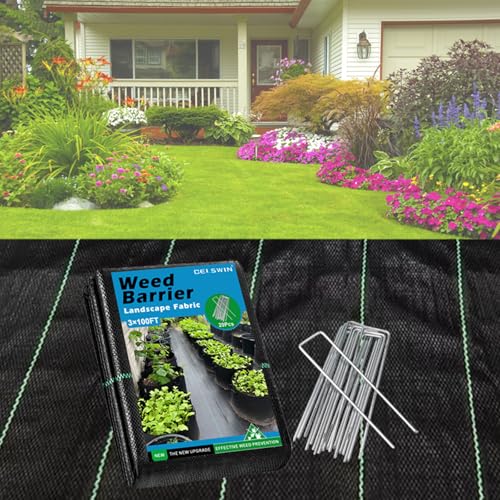 DELSWIN 3FTx100FT Weed Barrier Landscape Fabric, Heavy Duty Weed Control Block Ground Cover for Gardening, Farming, Yard, Pathway, with 20 U-Shaped Securing Pegs
