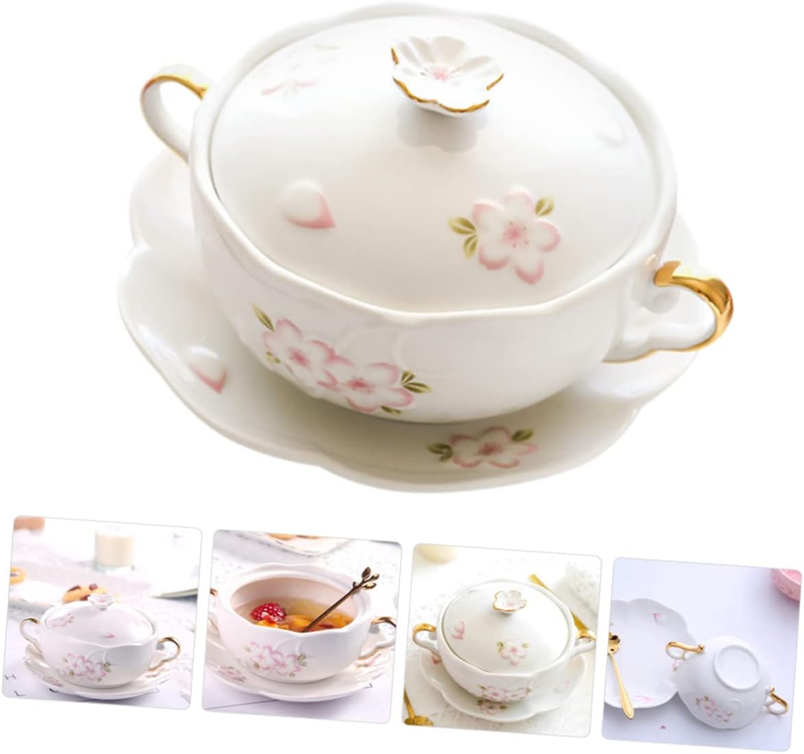 Japanese Relief Double-Handled Bowl for Desserts 100% Ceramic Multi-Functional Steaming and Serving Bowl for Soup Pudding and Egg Dishes Elegant Design for Home Use