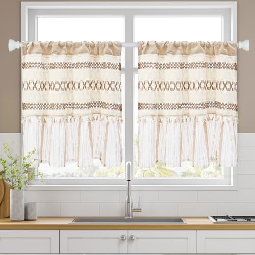 FRAMICS Farmhouse Linen Kitchen Curtains 24 Inch Length Striped Short