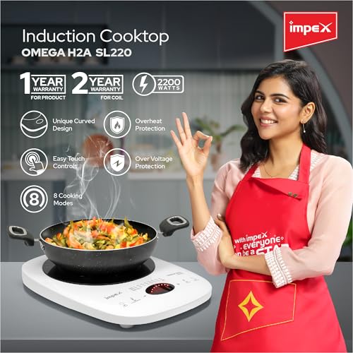 Image of Impex 2200 Watt Induction Cooktop With Full Touch Control | 4 hours Timer Function | Crystalline glass top | Overheat Protection & Auto Turn-Off | 2 Year Warranty | OMEGA H2A SL220 WHITE