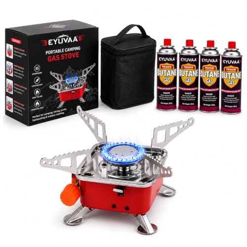 Image of EYUVAA LABEL Alloy Steel Portable Gas Stove for Travel with Butane Gas Cylinder, Folding Furnace Outdoor Camping Stove, Lightweight Gas Burner for Hiking and Emergency Use (Stove + 4 Butane Refill)