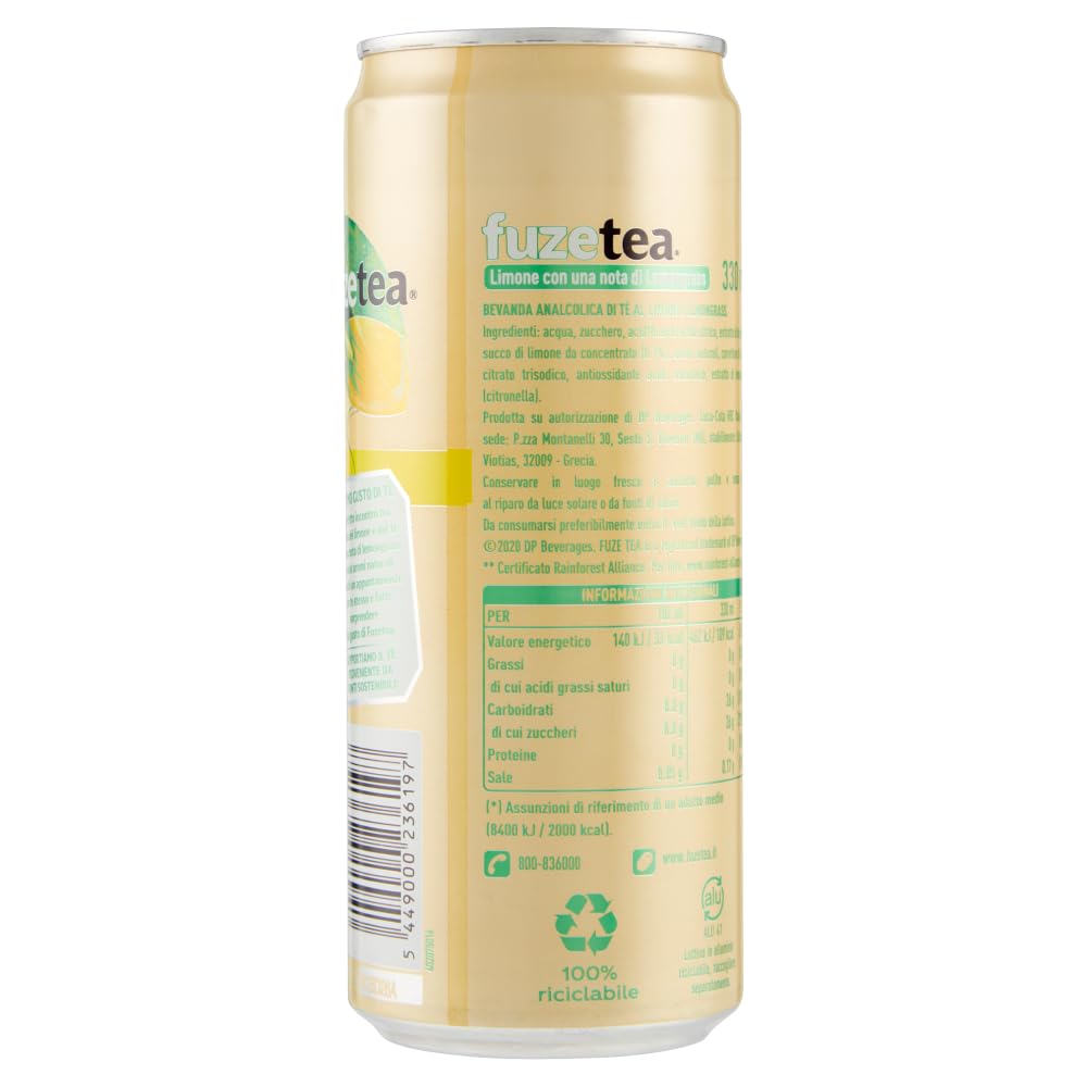 Italian Gourmet tè freddo limone bevanda schwarzer Tee kühl 72 x 330ml Dose | Alkoholfreies Erfrischungsgetränk con nota di citronella, pratico in, Gesamtnettogewicht 23,76 L + Kostenlos Polpa 400g