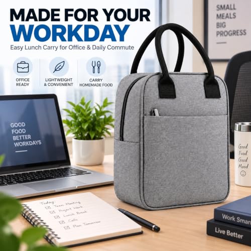 Image of Start Fount Lunch Bag for Office, School & College, Reusable Tiffin Carry Bag with Zipper & Front Pocket, Lightweight Lunch Organizer Bag for Men & Women, Grey