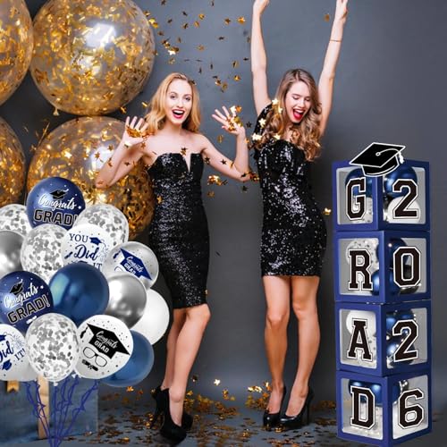 Image of Navy Blue Graduation Decorations Class of 2026 - Balloons Boxes with Letters 2026 GRAD So Proud of You - Complete Party Supplies for High School & College Celebrations