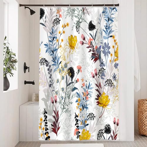Ruelvth Floral Shower Curtain, Yellow and Blue Wild Flower Shower Curtain Set for Bathroom Waterproof Fabric Spring Bathroom Curtain with Hooks, 48x72 Inch