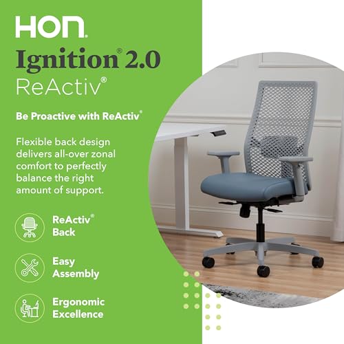 Image of HON Ignition 2.0 ReActiv Ergonomic Office Chair, Mesh Desk Chair with Lumbar Support, Synchro‑Tilt Recline, Height and Width Adjustable Arms, Swivel Wheels, Titanium Frame, Nimbus
