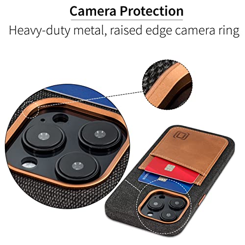 Image of Dockem iPhone 14 Pro Max Fabric Card Case with Built-in Metal Plate for Magnetic Mounting, Stitched-on Genuine Leather Wallet with 2 Credit Card /ID Slots: M2F 14 Pro Max [Grey w /Light Brown]