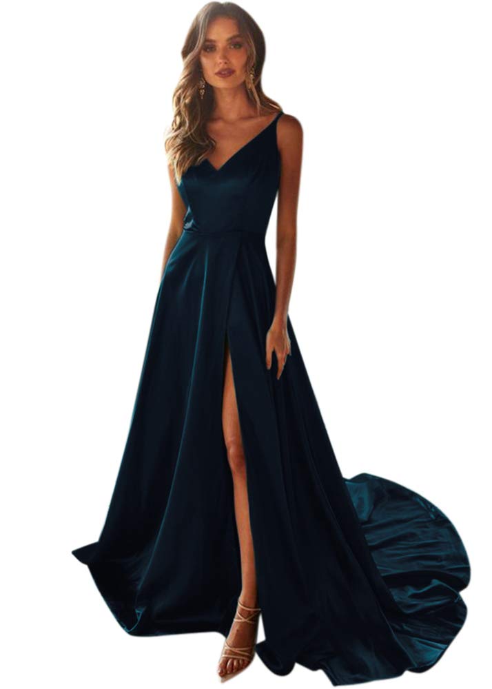 Andybridal Women's Sexy V Neck Spaghetti Straps Satin Long Prom Dress with Slit