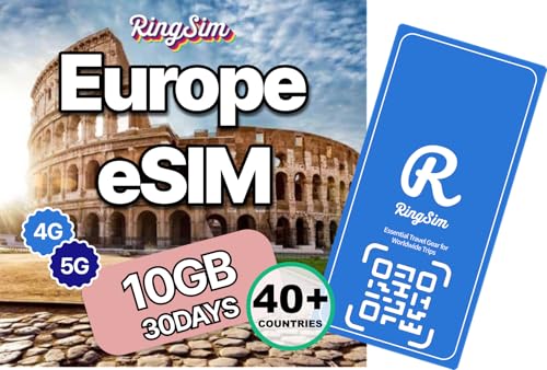 [eSIM] Europe eSIM | 30DAYS 10GB | UK France Italy Spain & 40+ Countries | Data-Only Prepaid SIM | 1-Click Auto-Install | Activates in 10 Min | for iPhone & Android | 5G LTE Hotspot | Ringsim