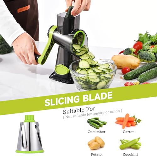 Image of Rotary Cheese Grater with Handle Kitchen Shredder Slicer Grater Slicer Ice Shaver Cheese Vegetable Nuts Potato Zucchini Chocolate 3 Interchangeable Blades (Green TSP)