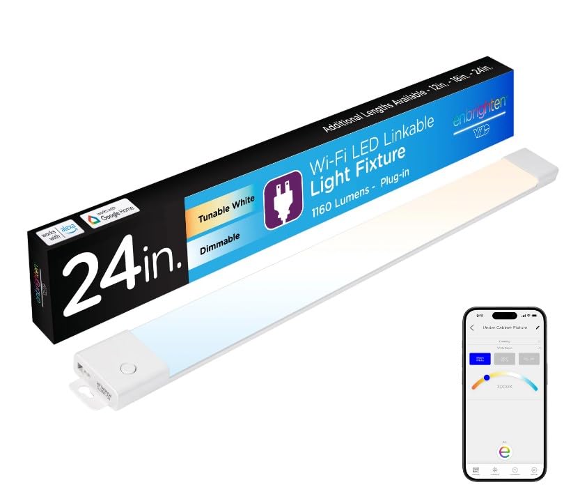 Enbrighten Vibe Plug-in Smart Under Cabinet Lights, 24in, Adjustable White from 2000K-6000K, Dimmable, Programmable Schedule Under Cabinet Lighting, Compatible with Alexa, Google Assistant, 58261-T1