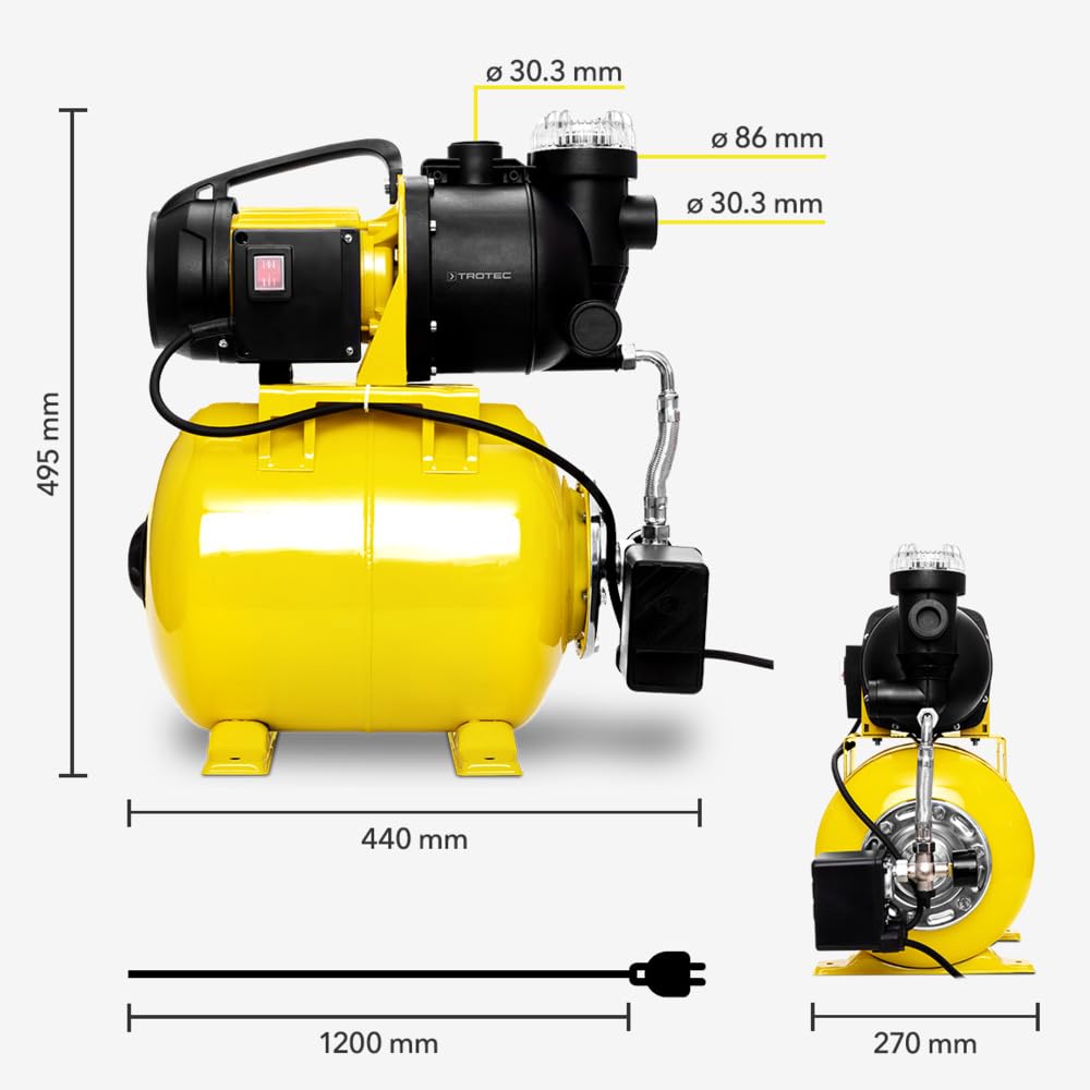TROTEC Station d'eau domestique TGP 1025 EF - pompe avec préfiltre, débit 3500 l/h, 1000 W, hauteur de refoulement 30 m - économie d'énergie, redémarrage automatique, arrêt automatique, pour | Acier inoxydable, 3500 l/h, 1000 W, hauteur de refoulement 30