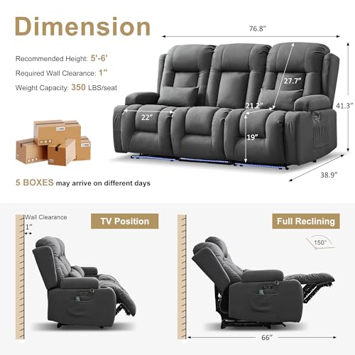 Image of URRED Power Loveseat Recliner Sofa with Massage and Heat, Wall Hugger Reclining Loveseat with Console, RV Couch Home Theater Seating with LED Lights for Living Room (Gray, 76.8 inch - 3 Seats)