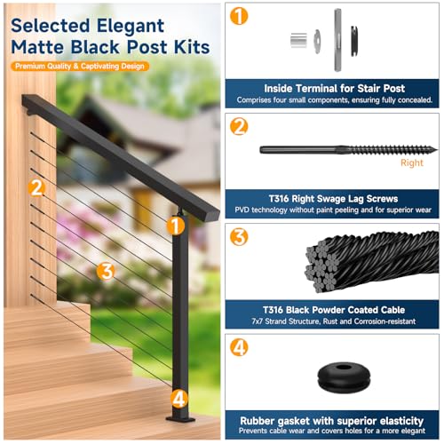 Image of 36 Inch Stair Cable Railing Post for Porch, Black Staircase Railing System for Outdoor Porch Wood Post, Including 1 Pack Sair Rail Post, 50FT Black 1 /8 inch Cable, 10 Thread Swage Lag Screws