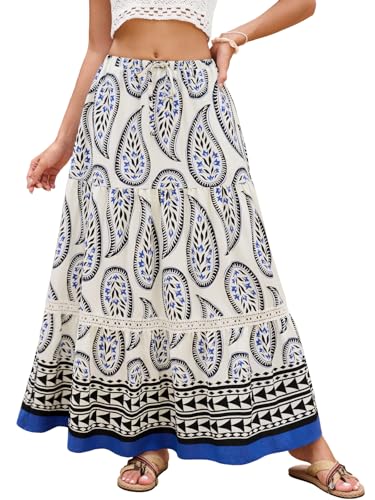 DJT Women's Boho Elegant Lace Trim Swing Tiered Maxi Skirt High Waisted Tie A Line Flowy Long Skirts with Pockets White Blue Paisley M